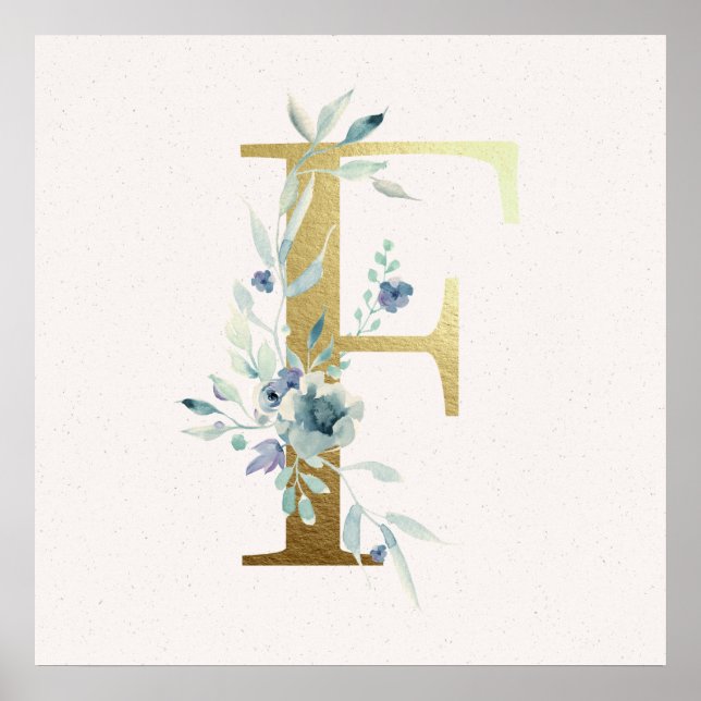 Initial F Golden and Blue Floral Monogram Poster (Front)