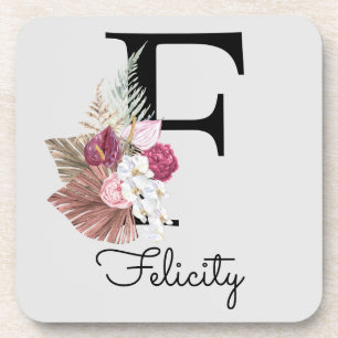 Initial F Modern Pink Boho Girly Floral Coaster