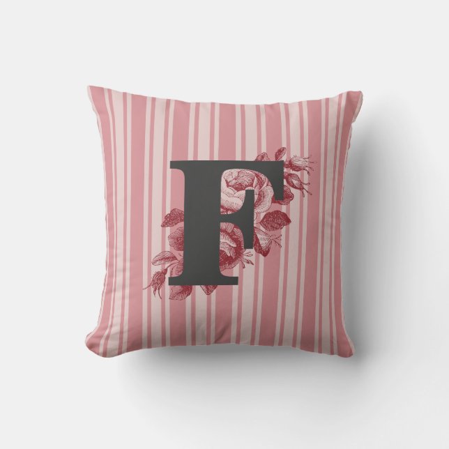Initial F Monogram Cabbage Roses and Stripes Cushion (Front)