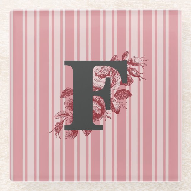 Initial F Monogram Cabbage Roses and Stripes Glass Coaster (Front)
