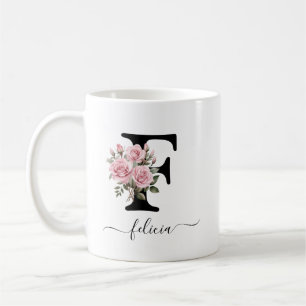 Initial F Pink Roses Floral Flowers Monogram Name Coffee Mug