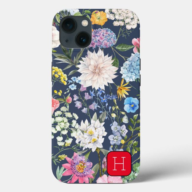 Initial Feminine look Navy blue Floral pattern Case-Mate iPhone Case (Back)