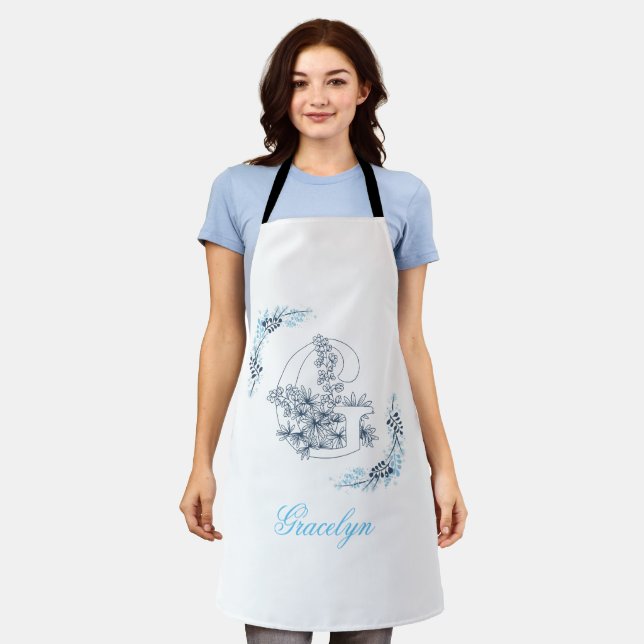 Initial "G" Blue Monogram Calm Floral Apron (Worn)
