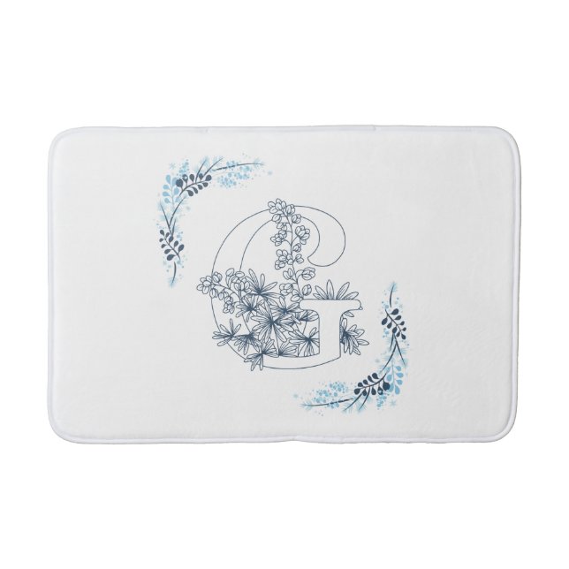 Initial "G" Blue Monogram Calm Floral Bath Mat (Front)