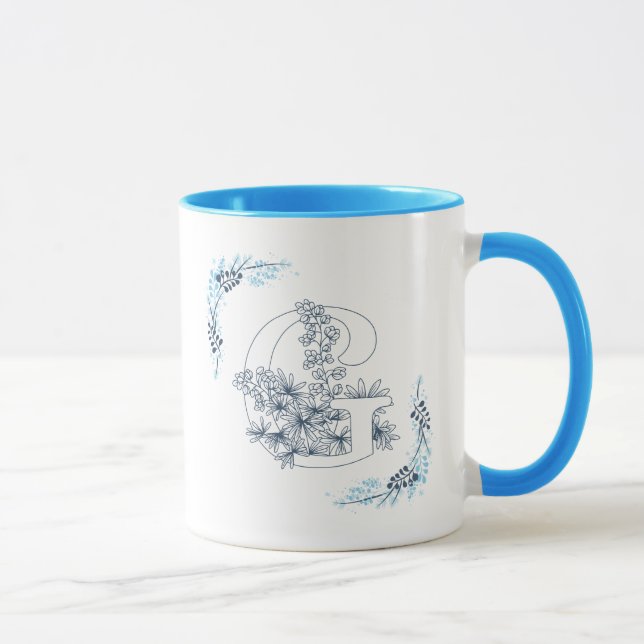Initial "G" Blue Monogram Calm Floral Coffee Mug (Right)
