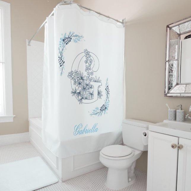 Initial "G" Blue Monogram Calm Floral Shower Curtain (In Situ)