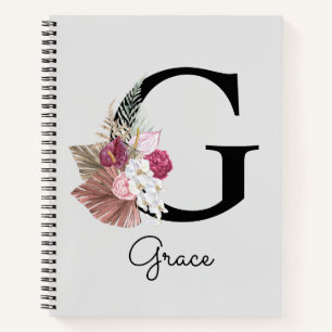 Initial G Monogram Pink Boho Girly Floral Notebook