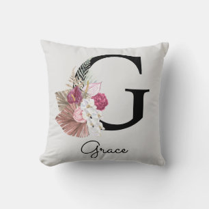 Initial G Monogrammed Pink Boho Floral Cushion