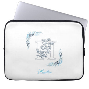 Initial "H" Blue Monogram Calm Floral Laptop Sleeve