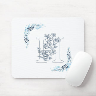 Initial "H" Blue Monogram Calm Floral Mouse Pad