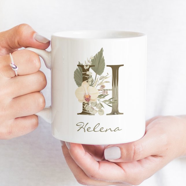 Initial H Boho Floral Orchid Greenery Custom Name Coffee Mug (Creator Uploaded)