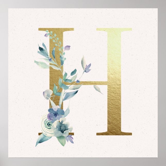 Initial H Golden and Blue Floral Monogram Poster (Front)