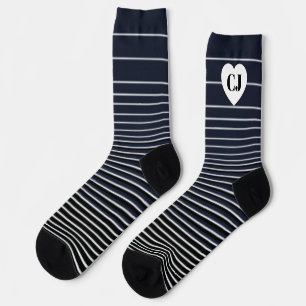 Initial Heart Stripe Crew Socks Blue White