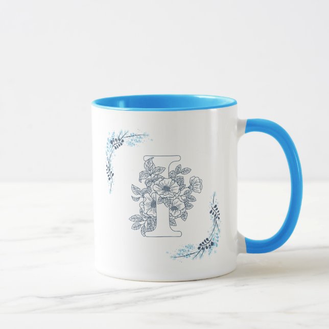 Initial "I" Blue Monogram Calm Floral Coffee Mug (Right)