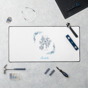 Initial "I" Blue Monogram Calm Floral Desk Mat