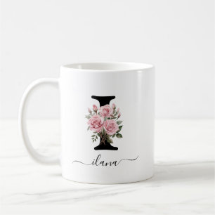 Initial I Monogram Floral Flower Pink Roses Mug