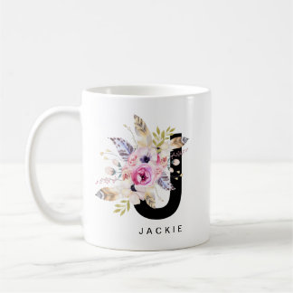 Initial 'J' Alphabet Mug Monogram Boho Watercolour