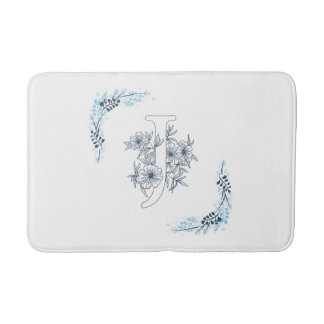 Initial "J" Blue Monogram Calm Floral Bath Mat