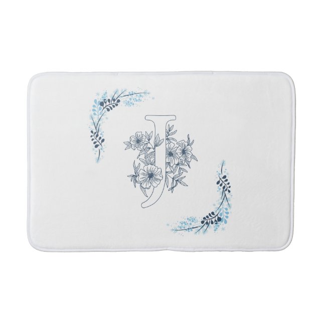 Initial "J" Blue Monogram Calm Floral Bath Mat (Front)