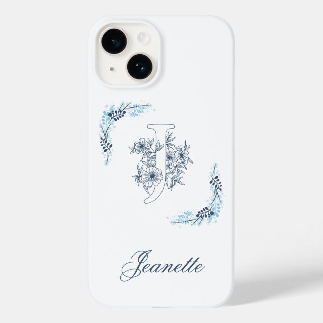 Initial "J" Blue Monogram Calm Floral Case-Mate iPhone Case (Back)