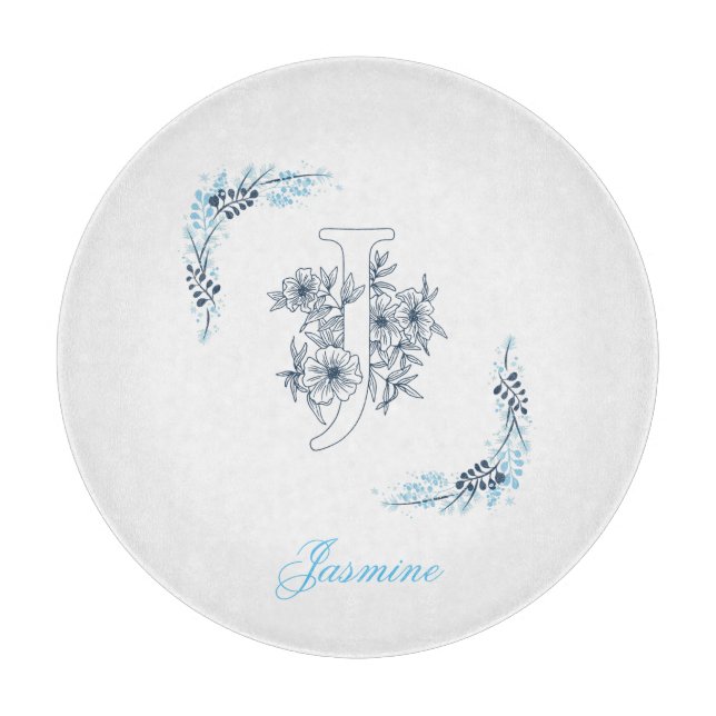 Initial "J" Blue Monogram Calm Floral Cutting Board (Front)