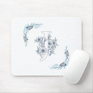 Initial "J" Blue Monogram Calm Floral Mouse Pad