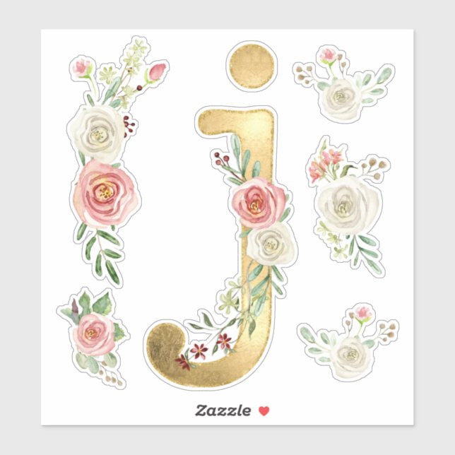 Initial J Gold Blush White Rose Floral Watercolor (Sheet)