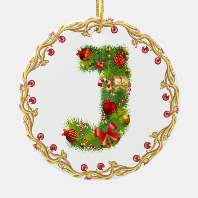 initial J monogrammed christmas ornament - circle (Front)