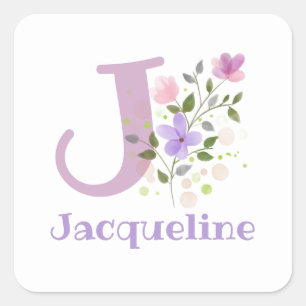 Initial J Plus Name Jacqueline & Flowers Design Square Sticker