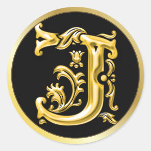 Initial J Round Sticker in Gold