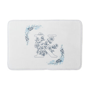 Initial "K" Blue Monogram Calm Floral Bath Mat