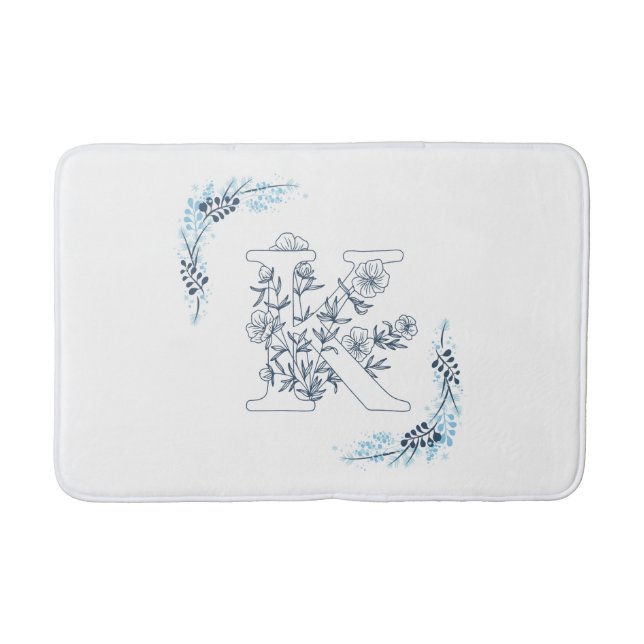 Initial "K" Blue Monogram Calm Floral Bath Mat (Front)