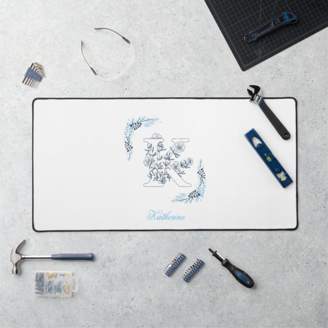 Initial "K" Blue Monogram Calm Floral Desk Mat (Workstation)