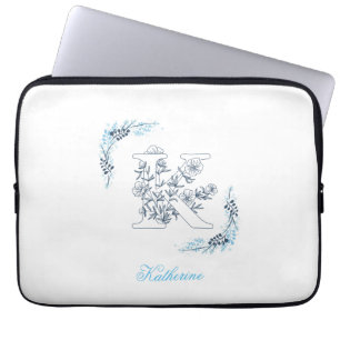 Initial "K" Blue Monogram Calm Floral Laptop Sleeve