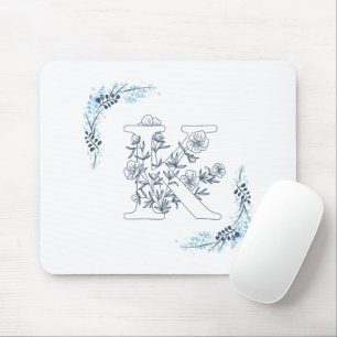 Initial "K" Blue Monogram Calm Floral Mouse Pad