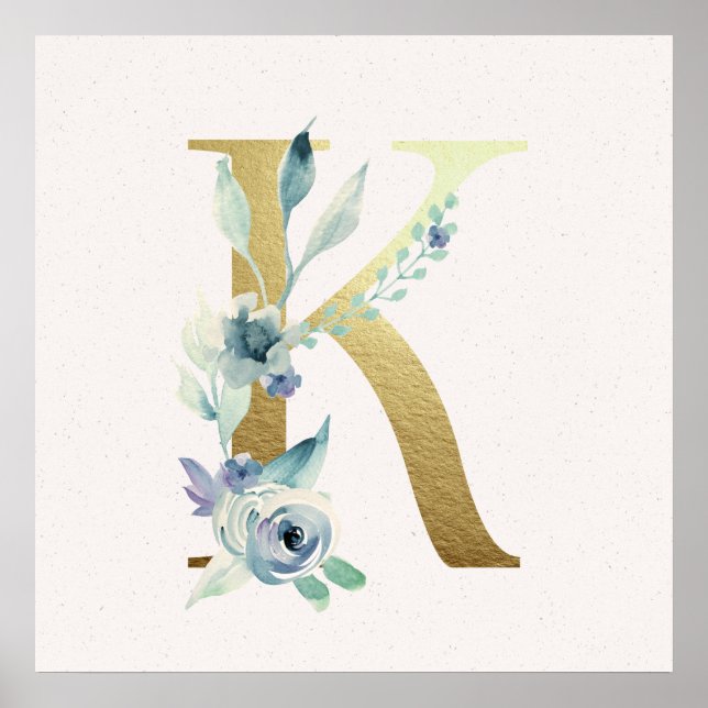 Initial K Golden and Blue Floral Monogram Poster (Front)
