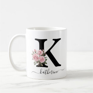 Initial K Monogram Floral Flower Pink Roses Mug