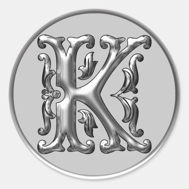 Initial K Round Sticker in silver (Front)