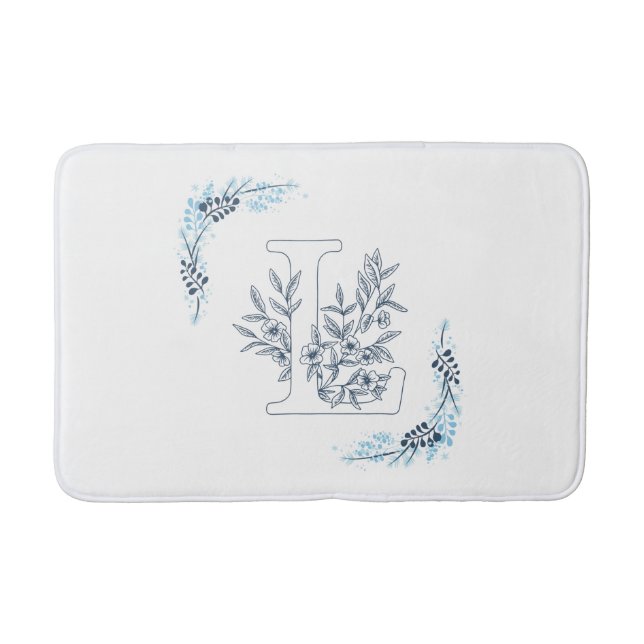 Initial "L" Blue Monogram Calm Floral Bath Mat (Front)