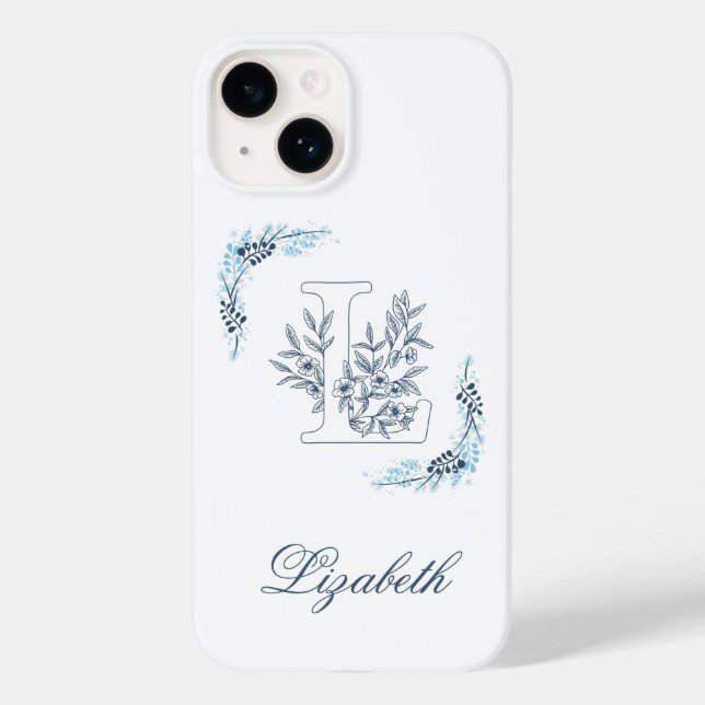 Initial "L" Blue Monogram Calm Floral Case-Mate iPhone Case (Back)