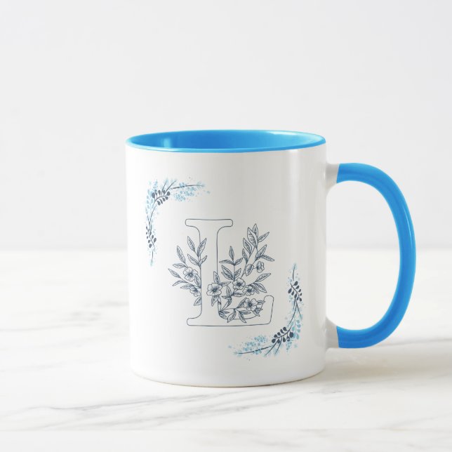 Initial "L" Blue Monogram Calm Floral Coffee Mug (Right)