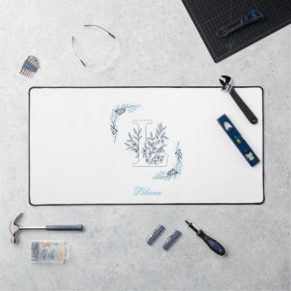 Initial "L" Blue Monogram Calm Floral Desk Mat