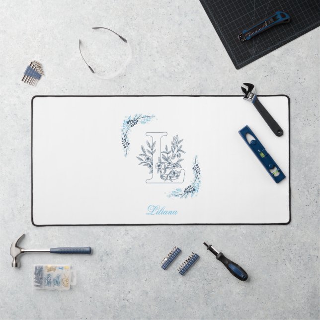 Initial "L" Blue Monogram Calm Floral Desk Mat (Workstation)