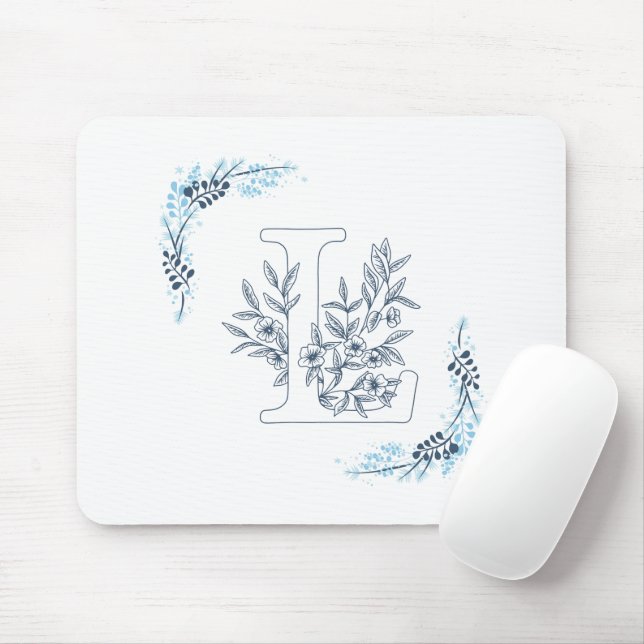 Initial "L" Blue Monogram Calm Floral Mouse Pad (With Mouse)