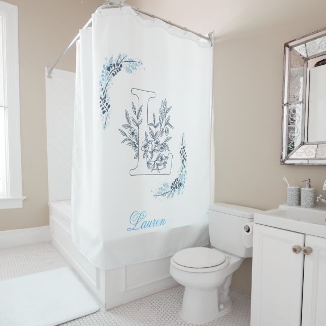 Initial "L" Blue Monogram Calm Floral Shower Curtain (In Situ)