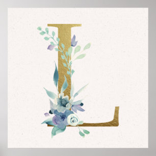 Initial L Golden and Blue Floral Monogram Poster