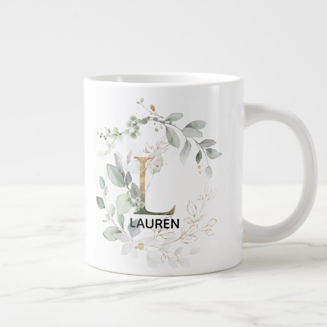Initial L Modern Alphabet Greenery Monogram Large Coffee Mug (Right)