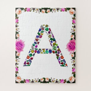 Initial Letter A with Gemstone Floral Monogram Jigsaw Puzzle