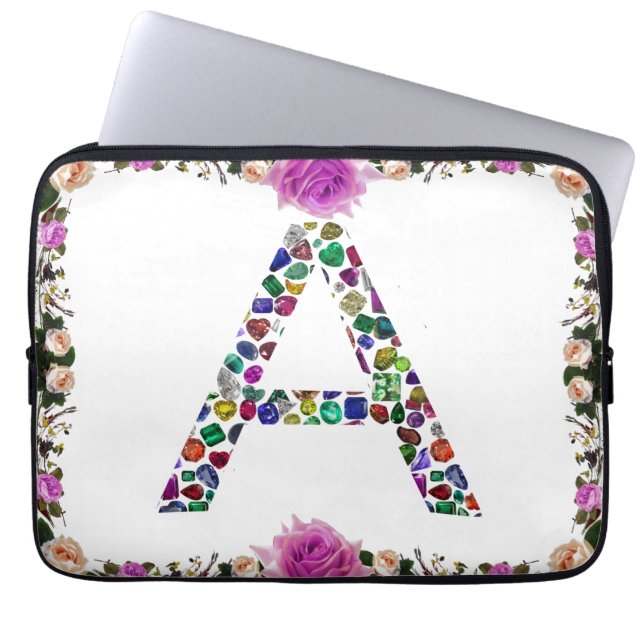 Initial Letter A with Gemstone Floral Monogram Laptop Sleeve (Front)
