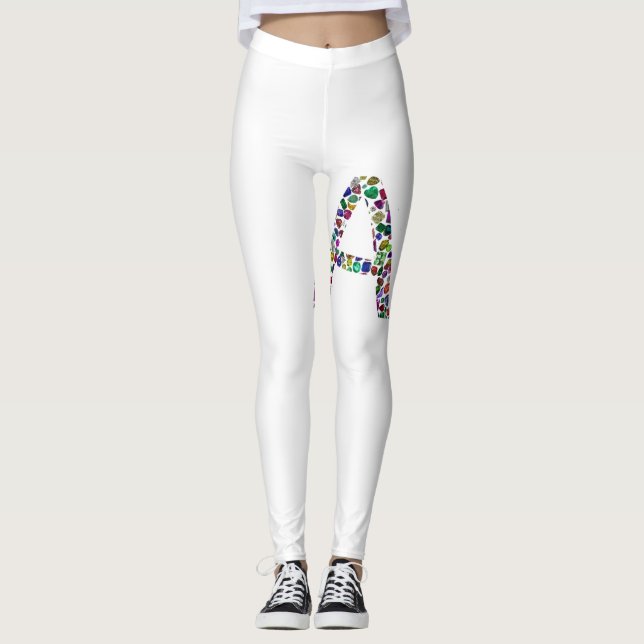 Initial Letter A with Gemstone Floral Monogram Leggings (Front)